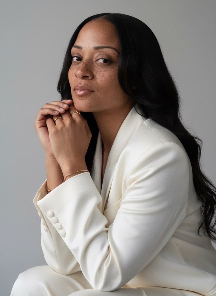 Shannon in a cream blazer, seated in quiet reflection