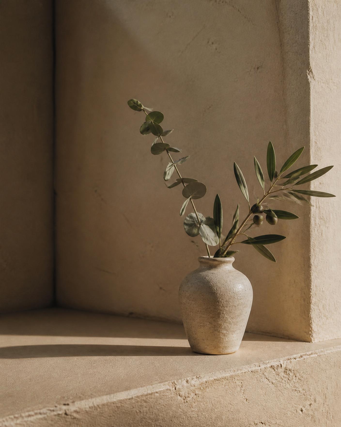 Olive and eucalyptus sprigs resting in a hand-thrown vessel on warm plaster